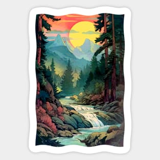 Mountains River Trees with Sunrise Sticker